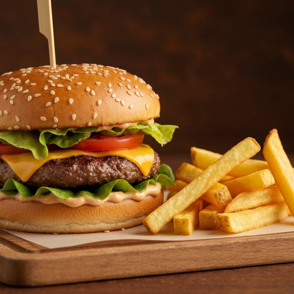 Gourmet hamburger with fresh fillings and chips on a wooden board