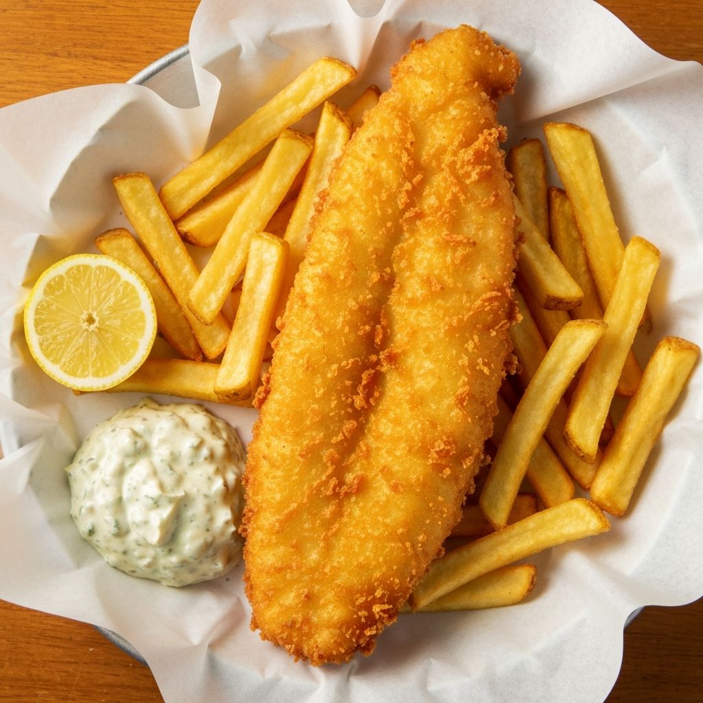 Golden battered fish fillet served with crispy chips and lemon