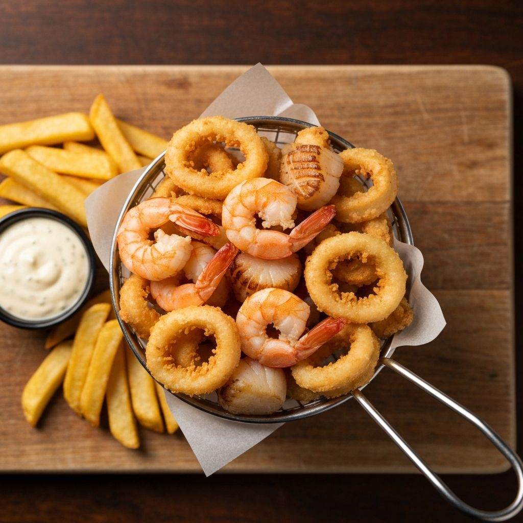 Seafood basket with golden fried prawns, calamari rings and scallops